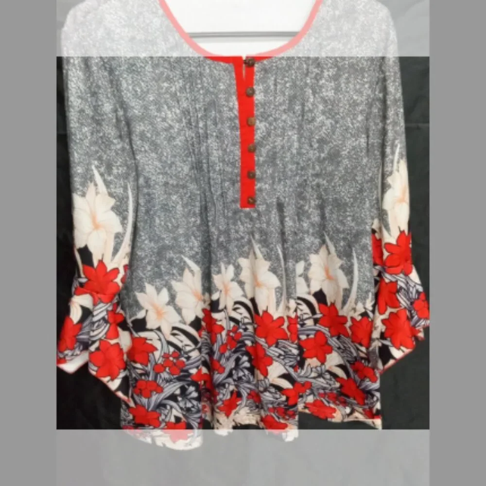 Women's Floral Red black & Gray /Flare Sleeve Bohemian Blouse. - Picture 2 of 6